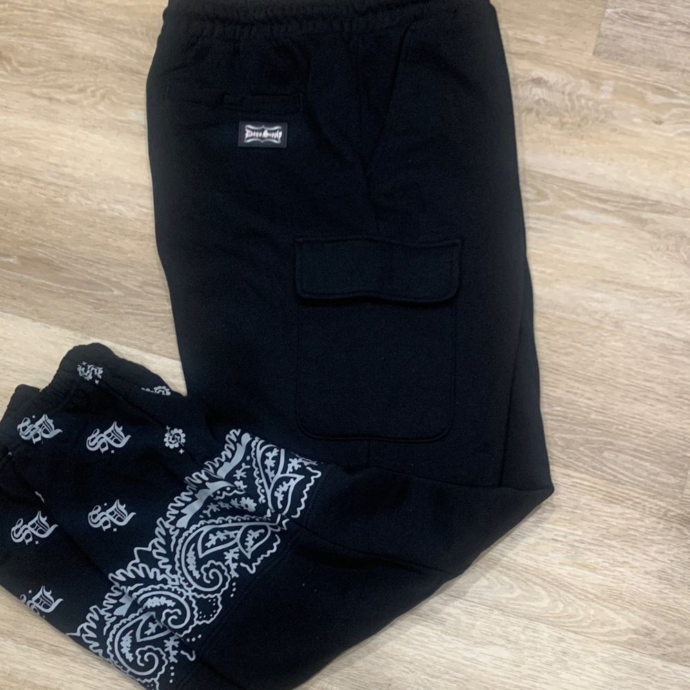 Men's Black Cargo Pants with Bandana Detail BNWT